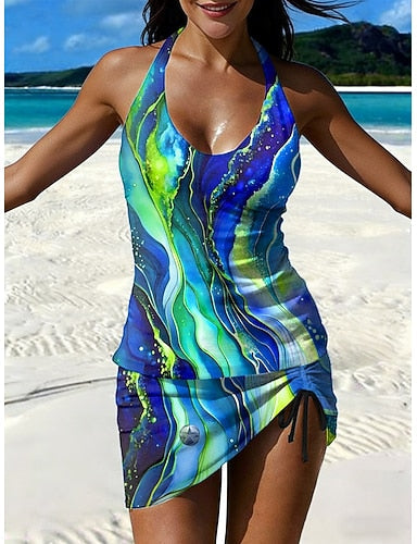 Swimwear Tankini Skirt Swimsuit Vacation Graphic Geometric Halter Neck Sleeveless Bathing Suits