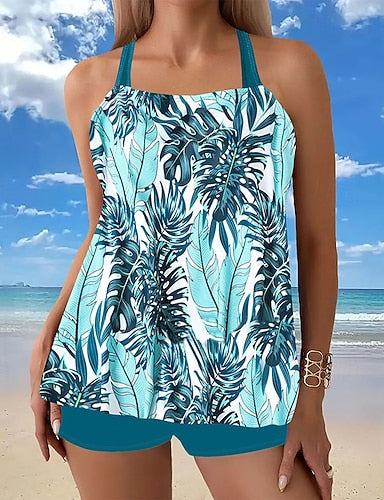 Swimwear 2 Piece Shorts Swimsuit Backless Vacation Beach Wear Graphic Round Neck Sleeveless Bathing Suits
