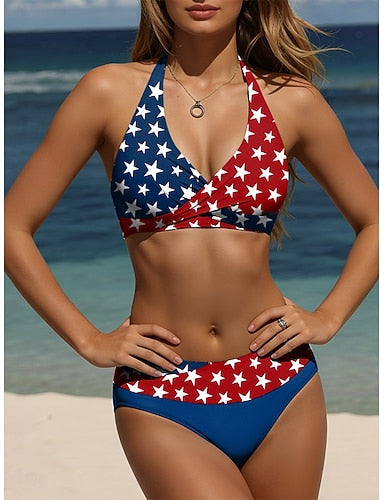 Independence Day American Swimwear One Piece High Cut Swimsuit Beach Wear Summer Graphic Flag U Neck Sleeveless Bathing Suits