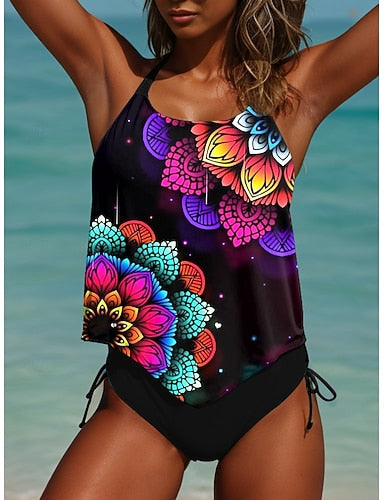 Tankini 2 Piece Swimsuit Cheeky S Backless Vacation Beach Wear Ombre U Neck Sleeveless Bathing Suits