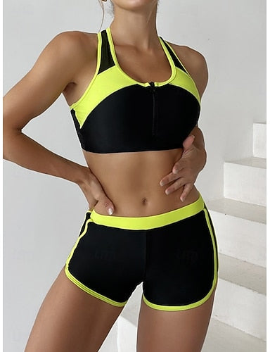 Tankini 2 Piece Swimsuit Colorblock Shorts Backless Tummy Control High Waist Slim Vacation Beach Wear Color Block U Neck Sleeveless Bathing Suits
