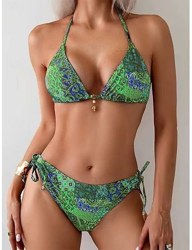 Bikini 2 Piece Swimsuit Tie Side Slim Backless Vacation Beach Wear Color Block Halter Neck Sleeveless Bathing Suits