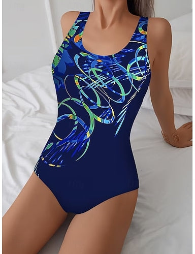 Swimwear One Piece Briefs Swimsuit Vacation Graphic Geometric Round Neck Sleeveless Bathing Suits