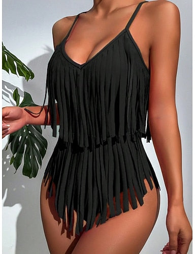 One Piece Swimsuit Monokini Tummy Control High Waist Slim Fringe Backless Vacation Beach Wear Color V Neck Sleeveless Bathing Suits