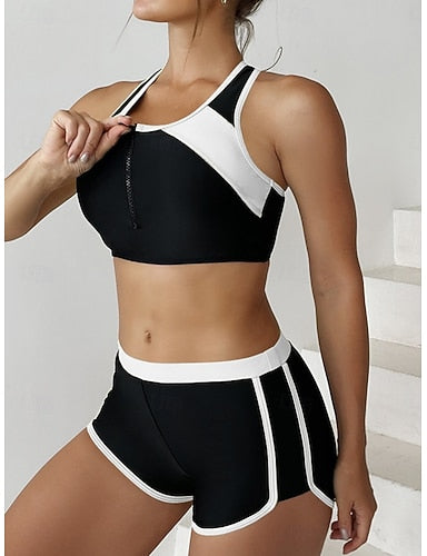 Tankini 2 Piece Swimsuit Colorblock Shorts Backless Tummy Control High Waist Slim Vacation Beach Wear Color Block U Neck Sleeveless Bathing Suits