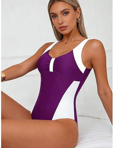 Swimwear One Piece Monokini Cheeky Swimsuit Tummy Control High Waist Slim Backless Vacation Color Graphic U Neck Sleeveless Bathing Suits