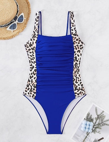 One-piece Tummy Control Bathing Suits Scoop Neck Leopard Print Panels Racerback Ruched Summer Beachwear Quick-dry Stretch Fabric Full Size Black Swimsuit