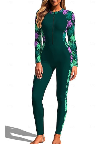 Rash Guard Full Body Rash Guard One Piece Surfing Suit Tropical Zip Up With Built in Bra Front Zip Uv Sun Protection Full Coverage Upf50+ Long Sleeve Full Body Swimwear Bodysuit