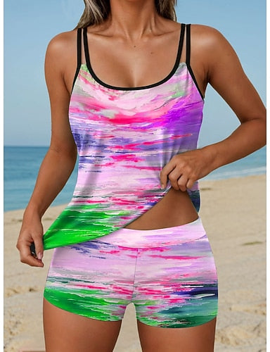 Tankini 2 Piece Swimsuit High Waist Backless Vacation Beach Wear Ombre Graphic Round Neck Sleeveless Bathing Suits