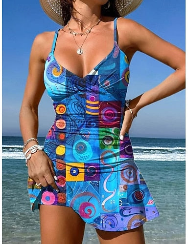 Swimwear One Piece Skirt Swimsuit Vacation Graphic Geometic V Neck Sleeveless Bathing Suits