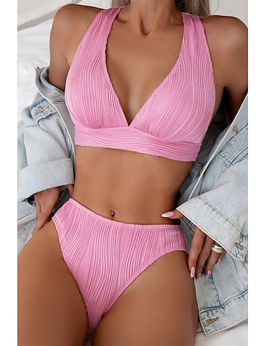 Swimwear Bikini 2 Piece Cheeky Swimsuit Backless Slim Vacation Beach Wear Color V Neck Sleeveless Bathing Suits