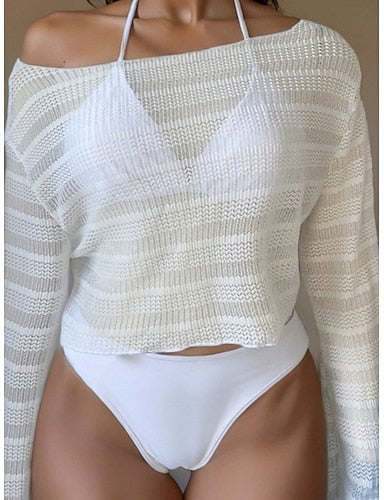 Bikini 3 Piece Swimsuit Cheeky Slim Backless Vacation Beach Wear Color Halter Neck Sleeveless Long Sleeve Bathing Suits