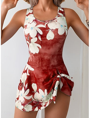 One Piece Swimsuit With Skirt Monokini High Cut Tummy Control High Waist Slim Backless Vacation Graphic U Neck Sleeveless Bathing Suits