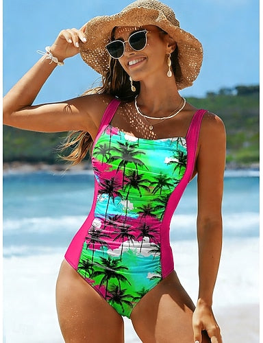 One Piece Swimsuit Slimming Ruched Palm Monokini High Cut Tummy Control High Waist Backless Vacation Beach Wear Graphic Tropical U Neck Sleeveless Bathing Suits