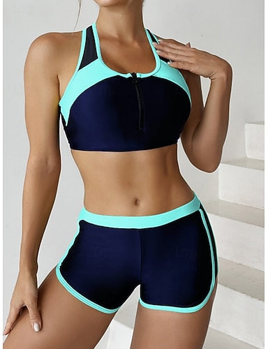 Tankini 2 Piece Swimsuit Colorblock Shorts Backless Tummy Control High Waist Slim Vacation Beach Wear Color Block U Neck Sleeveless Bathing Suits