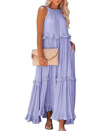 Maxi Dress White Dress Beach Dress Swing Dress Daily Outdoor Beach Loose Fit Plain Sleeveless Crew Neck Blue White Yellow Pink Summer Spring