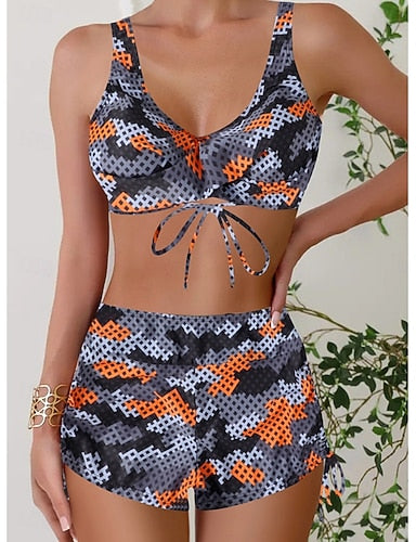 Bikini 2 Piece Swimsuit Leopard Shorts Slim Backless Vacation Beach Wear Camo V Neck Sleeveless Bathing Suits