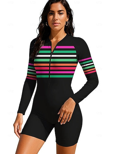 Rash Guard Dive Skin Suit Bathing Suit Swimsuit Set Stripes Geometry Zip Up Removable Pad Front Zip Uv Sun Protection Upf50+ Ultra Light (ul) Long Sleeve Swimwear Sun Shirt Surfing Beach