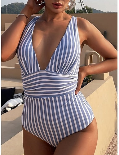 One Piece Swimsuit Slimming Colorblock Monokini Tummy Control High Waist Slim Backless Vacation Beach Wear Striped V Neck Sleeveless Bathing Suits