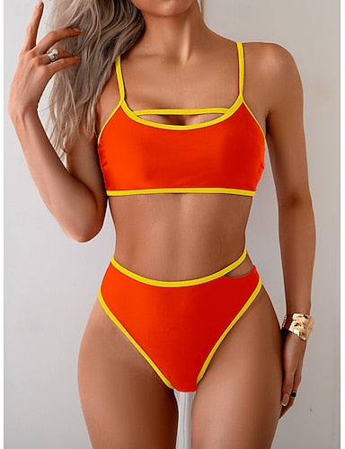Swimwear Bikini 2 Piece High Waist Swimsuit Patchwork Backless Vacation Beach Wear Color Block U Neck Sleeveless Bathing Suits