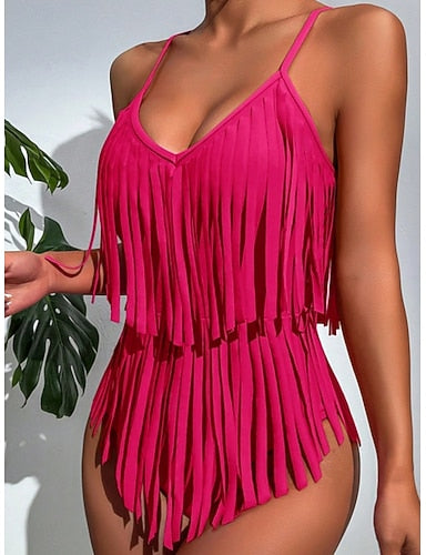 One Piece Swimsuit Monokini Tummy Control High Waist Slim Fringe Backless Vacation Beach Wear Color V Neck Sleeveless Bathing Suits