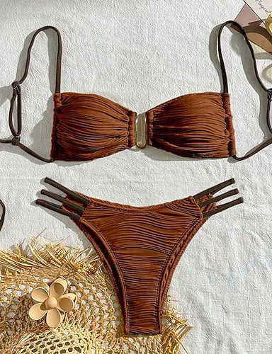 Swimwear 2 Piece Cheeky Swimsuit Backless Vacation Beach Wear Plain U Neck Sleeveless Bathing Suits