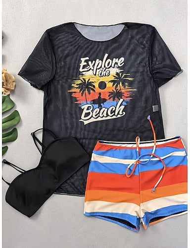 Swimwear One Piece Bikini Shorts Swimsuit Drawstring Vacation Beach Wear Graphic Round Neck Long Sleeve Bathing Suits