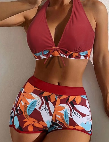 Swimwear Bikini 2 Piece Shorts Swimsuit Patchwork Backless Vacation Beach Wear Halter Neck Sleeveless Bathing Suits