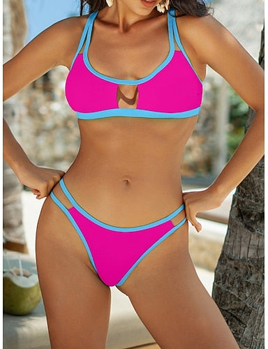 Bikini 2 Piece Swimsuit Underwire Thong Slim Backless Vacation Beach Wear Color U Neck Sleeveless Bathing Suits