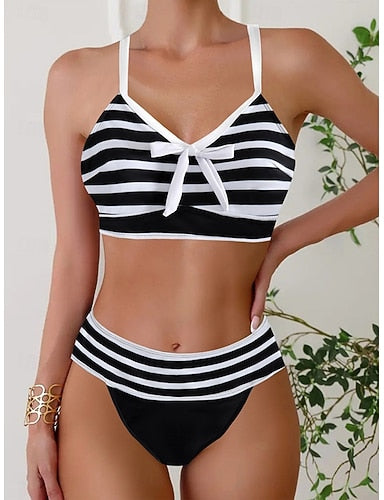 Bikini 2 Piece Swimsuit Cheeky Slim Backless Vacation Beach Wear Striped V Neck Sleeveless Bathing Suits