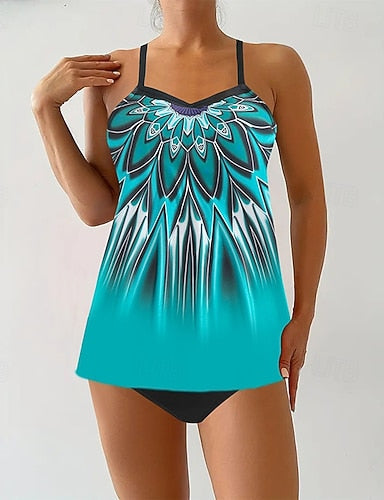 Swimwear 2 Piece Cheeky Swimsuit Backless Vacation Beach Wear Graphic Round Neck Sleeveless Bathing Suits