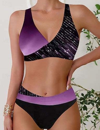 Tankini Two Piece Swimsuit V Neck Swimwear Stripes Swimwear Black Wine Breathable Quick Dry Lightweight Sleeveless - Swimming Surfing Beach Summer Spring