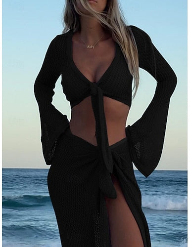 Cover Up 2 Piece Swimsuit Knitted Vacation Beach Wear Color V Neck Long Sleeve Bathing Suits