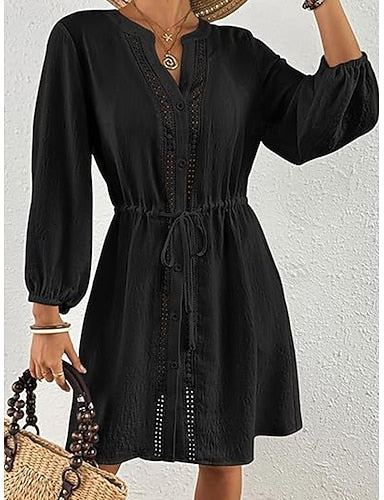 Knee Length Dress White Dress Beach Dress Black Dress Cover Up Classic Lantern Sleeve Daily Outdoor Beach Loose Fit Plain Long Sleeve Stand Collar Black White Summer Spring