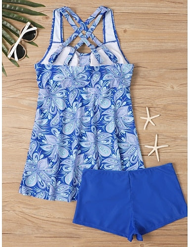 Tankini 2 Piece Swimsuit Boy Leg Tummy Control High Waist Slim Backless Vacation Beach Wear Geometric Paisley V Neck Sleeveless Bathing Suits