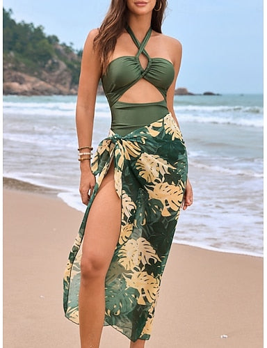 Swimwear One Piece 2 Piece Monokini Skirt Swimsuit Tummy Control High Waist Slim Backless Vacation Beach Wear Striped Halter Neck Sleeveless Bathing Suits