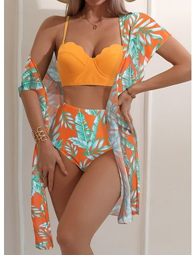 Bikini 3 Piece Swimsuit Palm Cheeky Slim Backless Vacation Beach Wear Leaves V Neck Sleeveless Bathing Suits