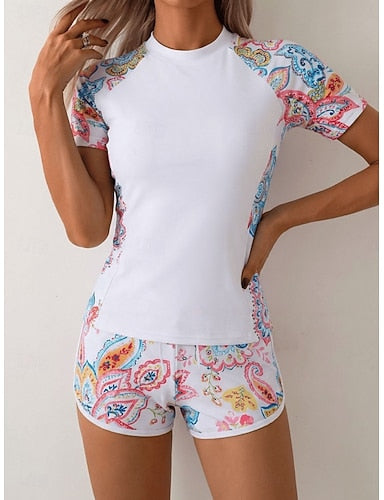 Swimwear Tankini 2 Piece Shorts Swimsuit Tummy Control High Waist Slim Backless Vacation Beach Wear Graphic High Neck Short Sleeves Bathing Suits