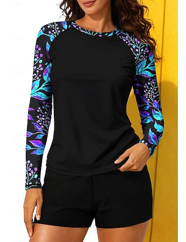 Regular Rash Guard Swimsuit Rash Guard Print Swimsuit Tropical Color-blocking 2 Piece Removable Pad Boyleg Uv Sun Protection Upf50+ Elastic Long Sleeve Swimwear Sun Shirt
