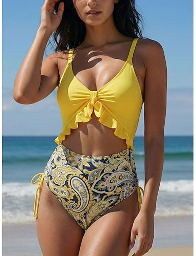 Swimwear One Piece Monokini Swimsuit Ruffle Tummy Control High Waist Slim Backless Vacation Beach Wear V Neck Sleeveless Bathing Suits