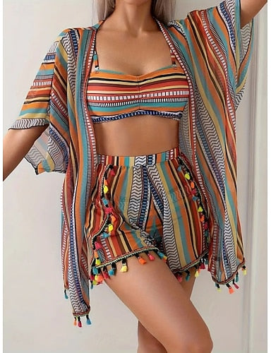 Swimwear Bikini Three Piece Shorts Swimsuit Slim Backless Vacation Beach Wear Striped Halter Neck Sleeveless Bathing Suits