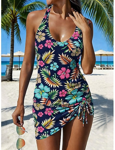 Swimwear Tankini Skirt Swimsuit Drawstring Vacation Graphic V Neck Sleeveless Bathing Suits