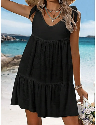 Swimwear Cover Up Swim Dress Dress Swimsuit Ruched Vacation Beach Wear Plain V Neck Sleeveless Bathing Suits