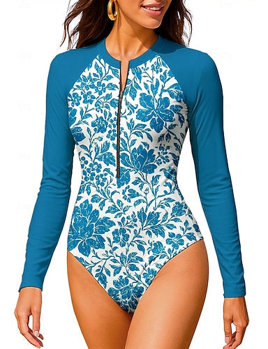 Standard Rash Guard Bathing Suit One Piece Swimsuit Tropical Color-blocking With Built in Bra Upf50+ Uv Protection Stretchy Long Sleeve Swimwear Bodysuit Surfing Beach Water Sports