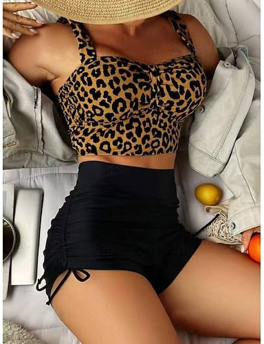 Tankini 2 Piece Swimsuit Ruched Underwire Leopard Shorts Tummy Control High Waist Slim Backless Vacation Beach Wear V Neck Sleeveless Bathing Suits