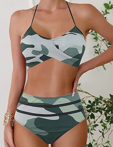 Swimwear 2 Piece Cheeky Swimsuit Backless Vacation Beach Wear Camo Halter Neck Sleeveless Bathing Suits