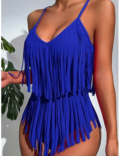 One Piece Swimsuit Monokini Tummy Control High Waist Slim Fringe Backless Vacation Beach Wear Color V Neck Sleeveless Bathing Suits