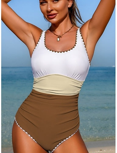 Swimwear One Piece Monokini Swimsuit Tummy Control High Waist Slim Backless Vacation Beach Wear Color Block Scoop Neck Sleeveless Bathing Suits