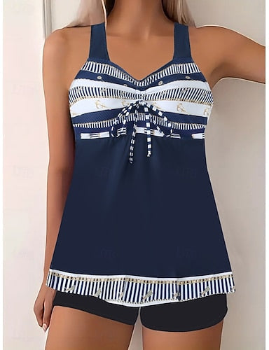 Tankini 2 Piece Swimsuit High Waist Tummy Control High Waist Slim Backless Vacation Beach Wear Ombre Stripe V Neck Sleeveless Bathing Suits