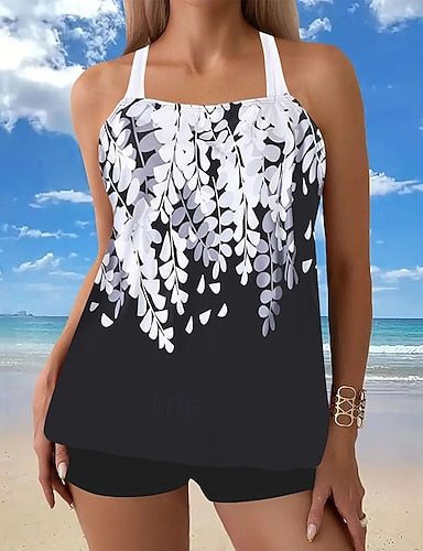 Swimwear 2 Piece Shorts Swimsuit Backless Vacation Beach Wear Graphic Round Neck Sleeveless Bathing Suits